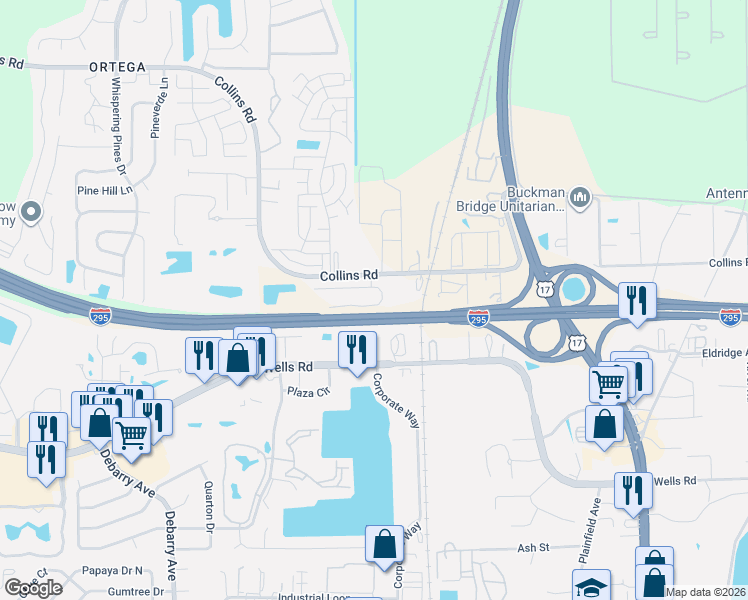 map of restaurants, bars, coffee shops, grocery stores, and more near 5021 Fulham Road South in Jacksonville