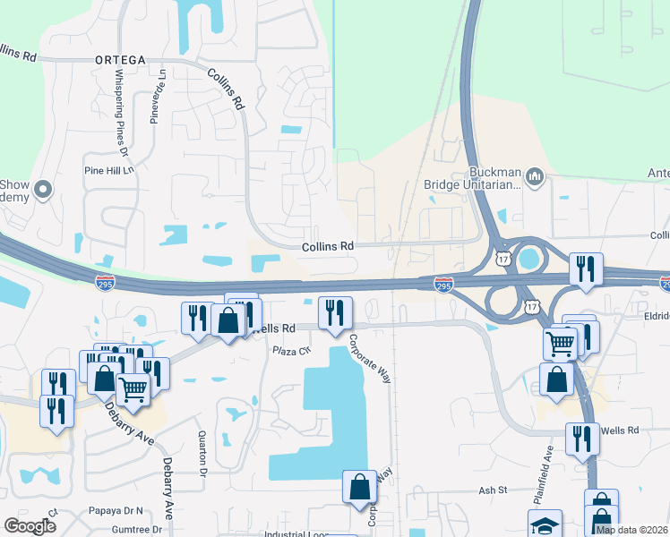 map of restaurants, bars, coffee shops, grocery stores, and more near 5021 Fulham Road South in Jacksonville