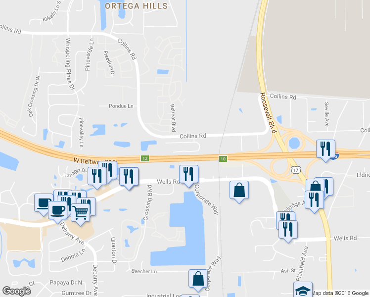 map of restaurants, bars, coffee shops, grocery stores, and more near 5021 Fulham Road South in Jacksonville