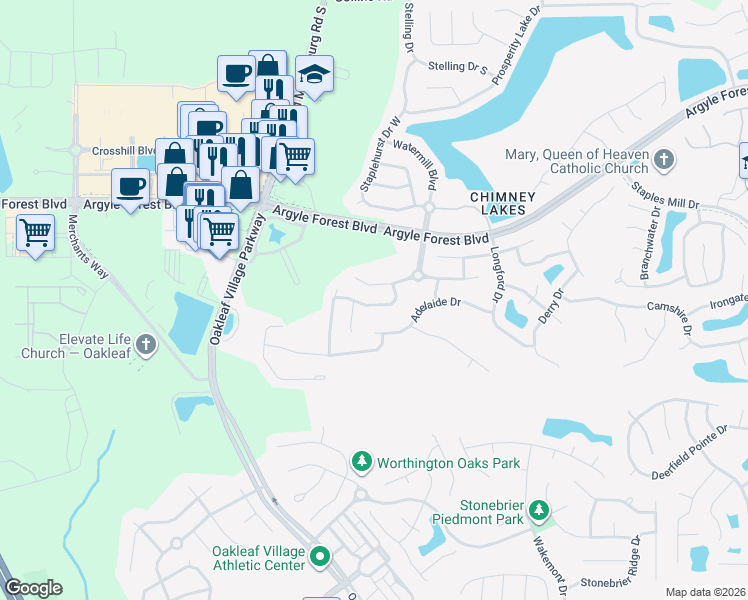 map of restaurants, bars, coffee shops, grocery stores, and more near 8598 Falling Springs Drive in Jacksonville