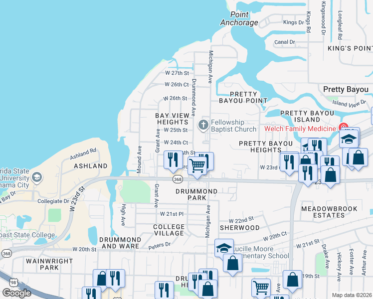 map of restaurants, bars, coffee shops, grocery stores, and more near 4000 West 24th Street in Panama City