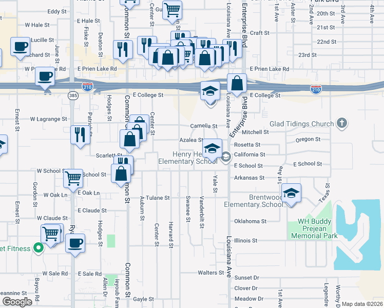 map of restaurants, bars, coffee shops, grocery stores, and more near 3608 Dover Street in Lake Charles