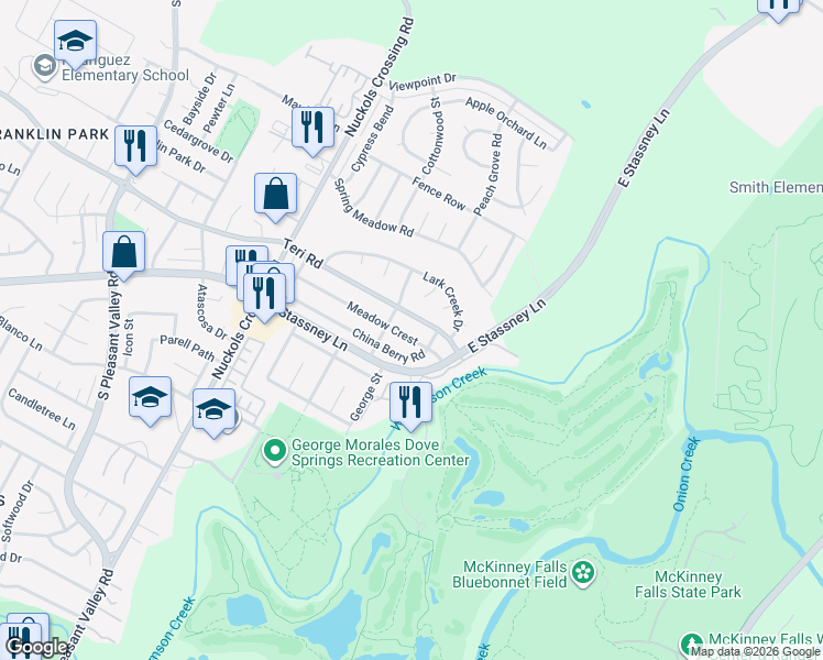 map of restaurants, bars, coffee shops, grocery stores, and more near 5715 Teri Road in Austin