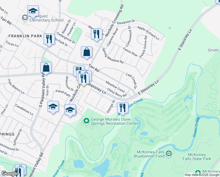 map of restaurants, bars, coffee shops, grocery stores, and more near 5509 China Berry Road in Austin