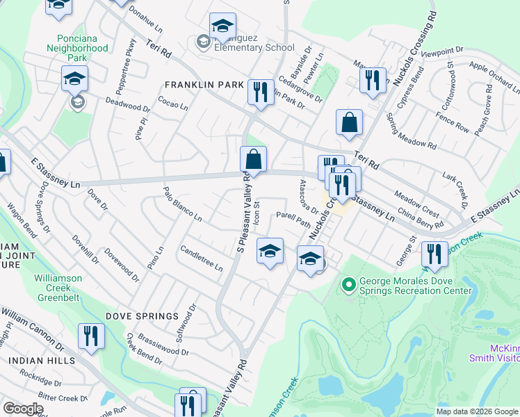 map of restaurants, bars, coffee shops, grocery stores, and more near 5508 Icon Street in Austin