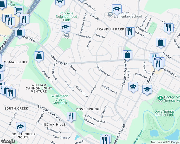 map of restaurants, bars, coffee shops, grocery stores, and more near 2505 Palo Verde Drive in Austin