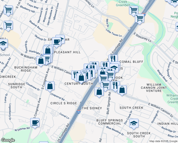 map of restaurants, bars, coffee shops, grocery stores, and more near 6412 Interstate 35 in Austin