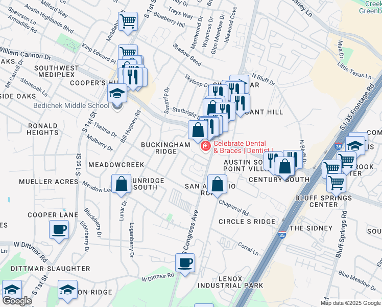 map of restaurants, bars, coffee shops, grocery stores, and more near 6812 South Congress Avenue in Austin