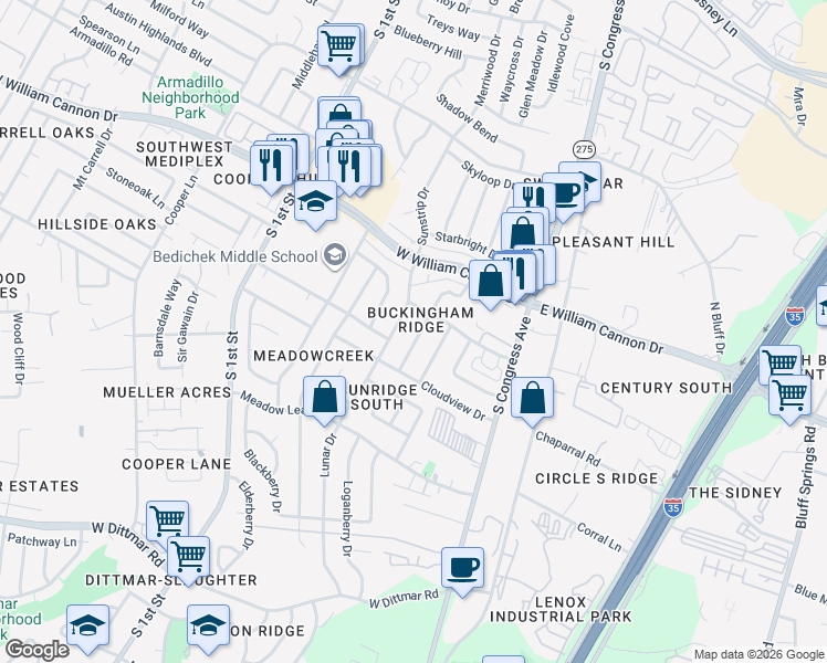 map of restaurants, bars, coffee shops, grocery stores, and more near 6902 Skynook Drive in Austin