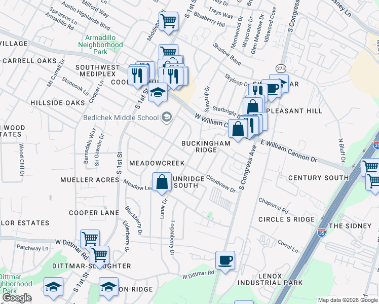 map of restaurants, bars, coffee shops, grocery stores, and more near 305 Thelma Drive in Austin