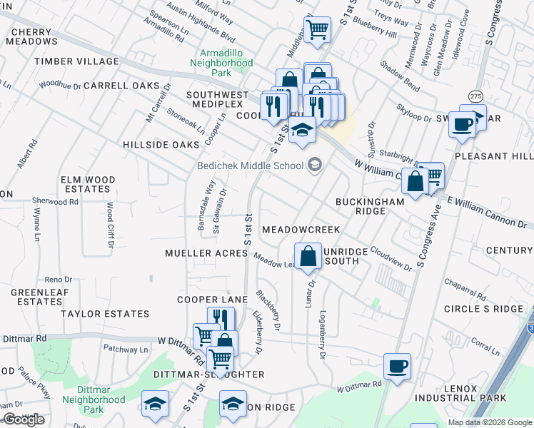map of restaurants, bars, coffee shops, grocery stores, and more near 7103 Teaberry Drive in Austin