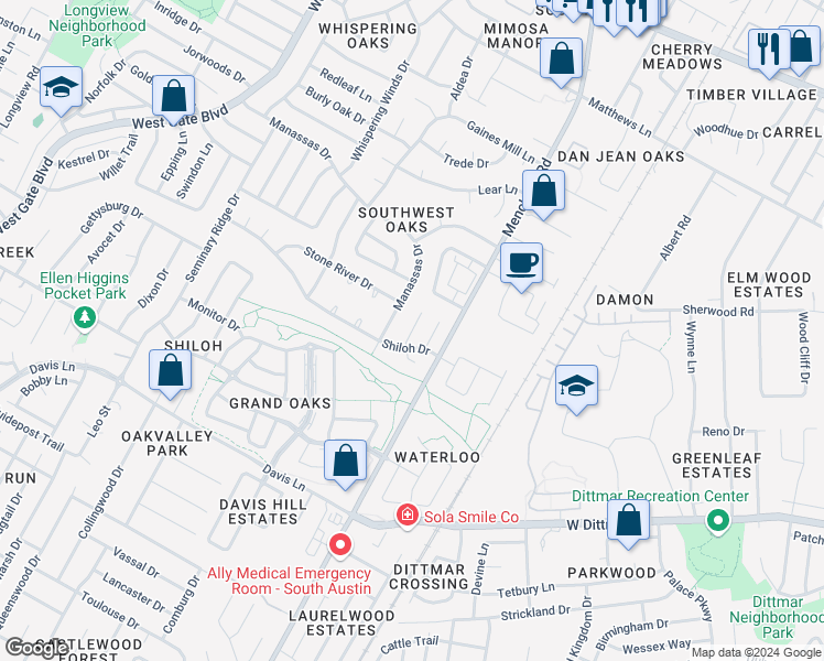 map of restaurants, bars, coffee shops, grocery stores, and more near 8102 Dowling Cove in Austin