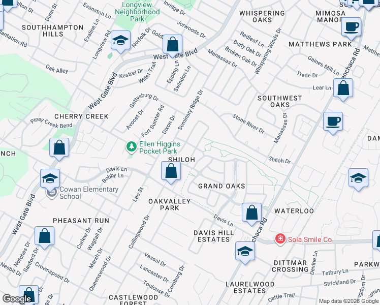 map of restaurants, bars, coffee shops, grocery stores, and more near 8413 Kearsarge Drive in Austin