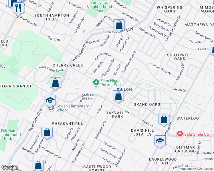 map of restaurants, bars, coffee shops, grocery stores, and more near 8412 Dixon Drive in Austin