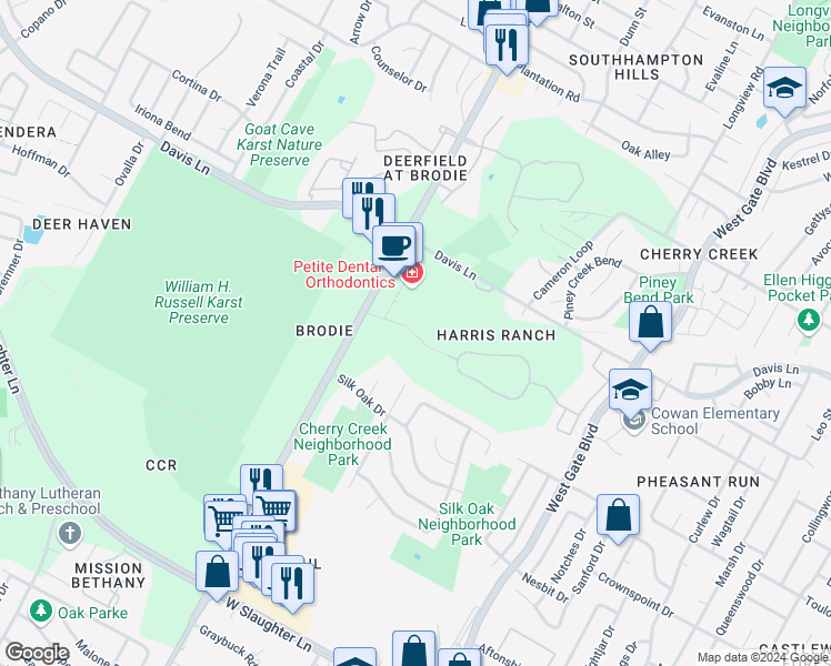 map of restaurants, bars, coffee shops, grocery stores, and more near 9201 1/2 Brodie Lane in Austin