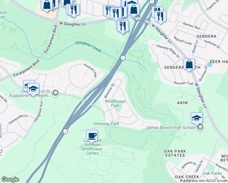 map of restaurants, bars, coffee shops, grocery stores, and more near 5113 Scottish Thistle Drive in Austin