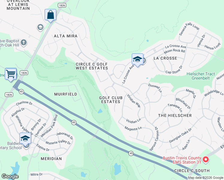 map of restaurants, bars, coffee shops, grocery stores, and more near 10728 Canfield Drive in Austin