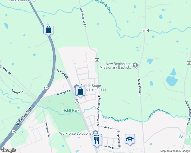 map of restaurants, bars, coffee shops, grocery stores, and more near 503 Hickory Hollow Lane in Brenham