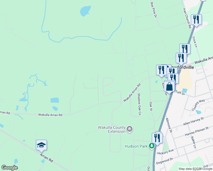 map of restaurants, bars, coffee shops, grocery stores, and more near 196 Savannah Forest Circle in Crawfordville