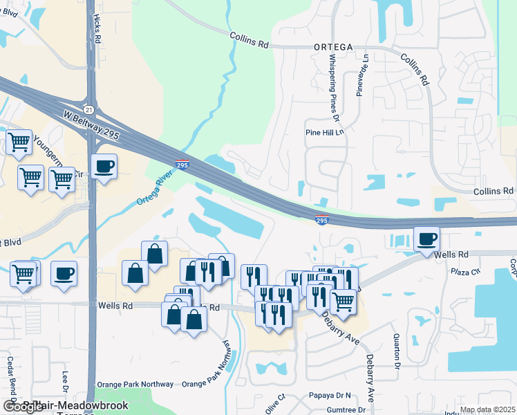 map of restaurants, bars, coffee shops, grocery stores, and more near Highway 9A in Jacksonville