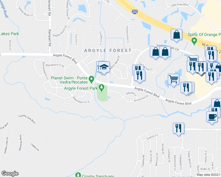 map of restaurants, bars, coffee shops, grocery stores, and more near 6789 Arrowroot Dr in Jacksonville
