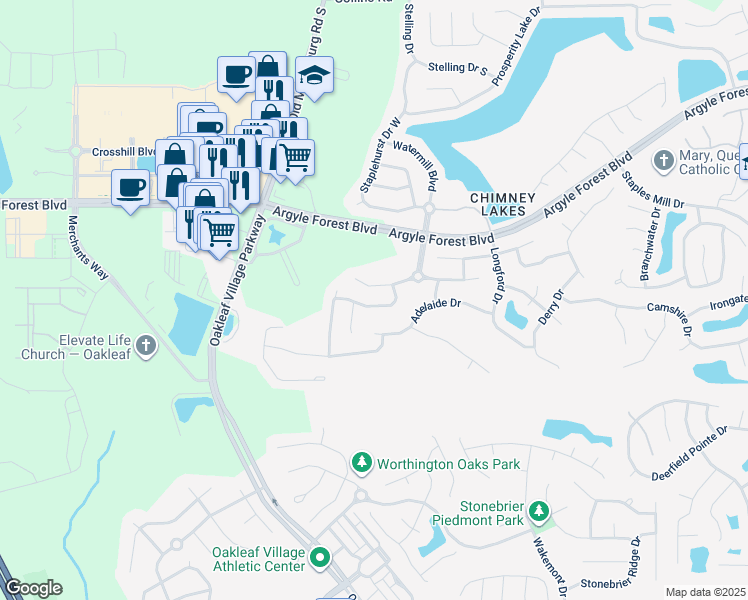 map of restaurants, bars, coffee shops, grocery stores, and more near 8598 Falling Springs Drive in Jacksonville