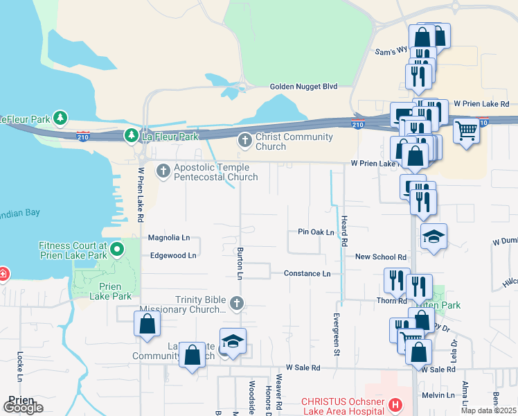 map of restaurants, bars, coffee shops, grocery stores, and more near 2422 Francis Drive in Lake Charles