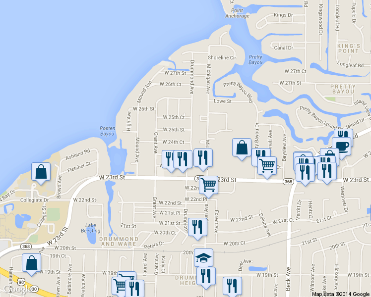 map of restaurants, bars, coffee shops, grocery stores, and more near 4000 West 24th Street in Panama City