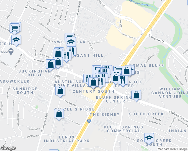 map of restaurants, bars, coffee shops, grocery stores, and more near 600 East William Cannon Drive in Austin