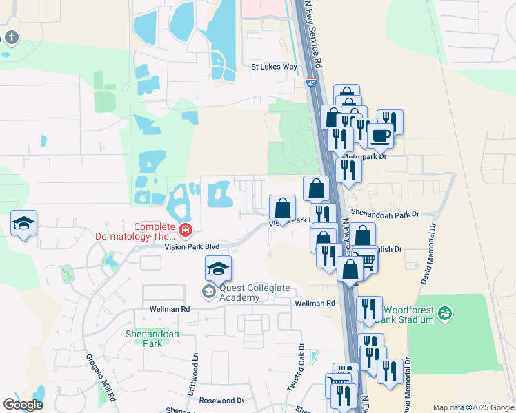map of restaurants, bars, coffee shops, grocery stores, and more near 259 Green Boulevard in Conroe