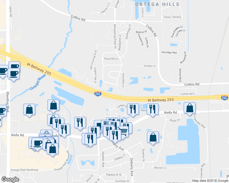 map of restaurants, bars, coffee shops, grocery stores, and more near 8808 Whispering Pines Drive in Jacksonville