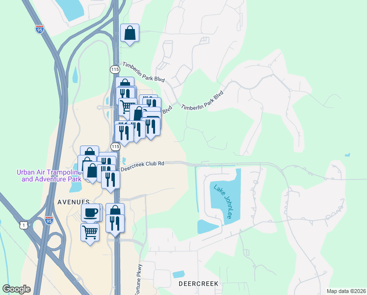 map of restaurants, bars, coffee shops, grocery stores, and more near 7736 Spindletree Court in Jacksonville