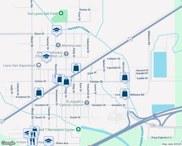 map of restaurants, bars, coffee shops, grocery stores, and more near 1115 Elsie St in Vinton