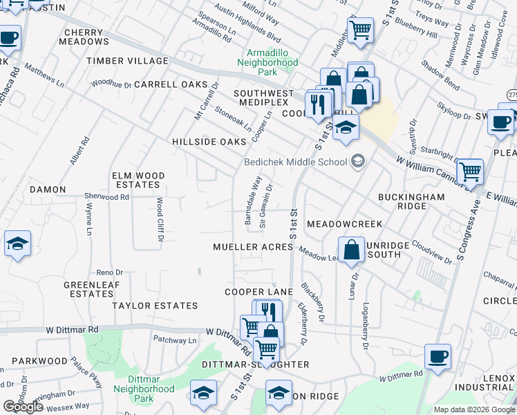 map of restaurants, bars, coffee shops, grocery stores, and more near 7206 Sir Gawain Drive in Austin