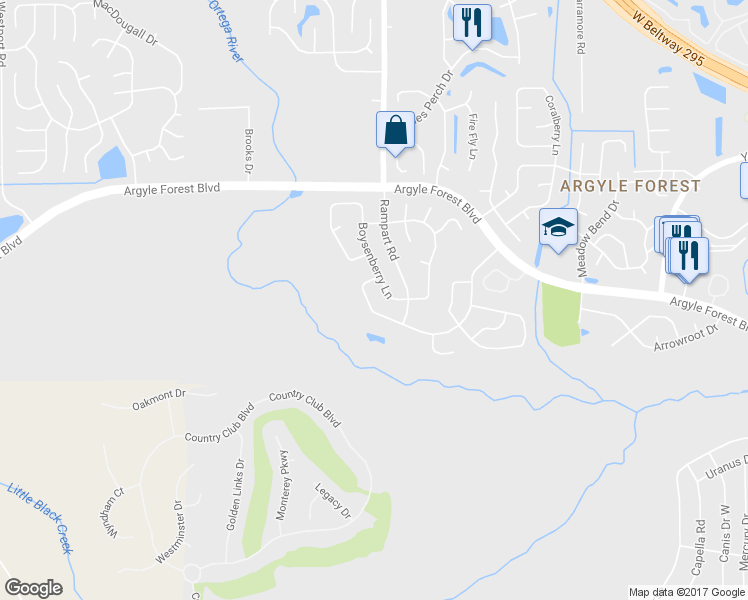 map of restaurants, bars, coffee shops, grocery stores, and more near 8732 Bishopswood Drive in Jacksonville