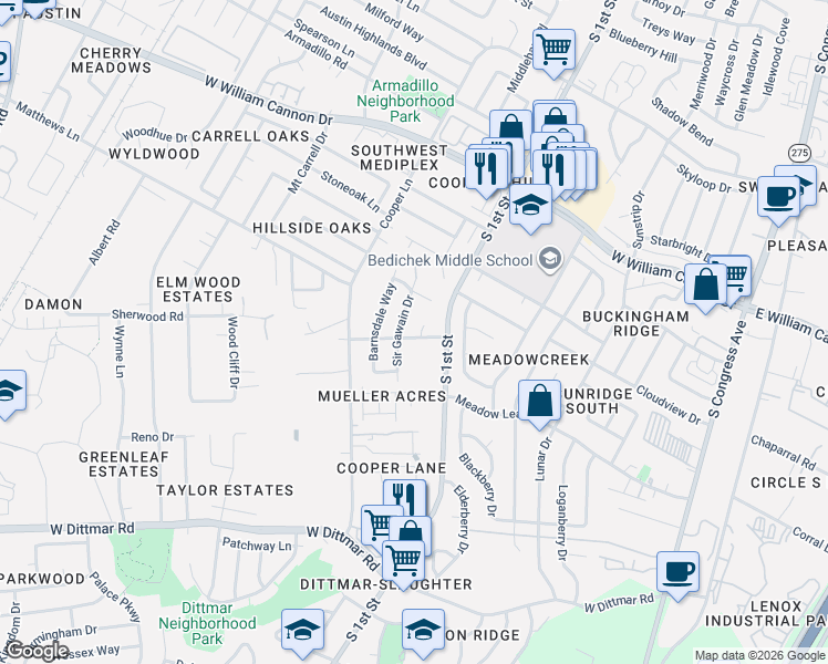 map of restaurants, bars, coffee shops, grocery stores, and more near 7105 Moat Cove in Austin