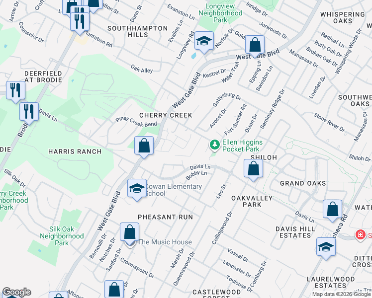 map of restaurants, bars, coffee shops, grocery stores, and more near 2807 Cameron Loop in Austin