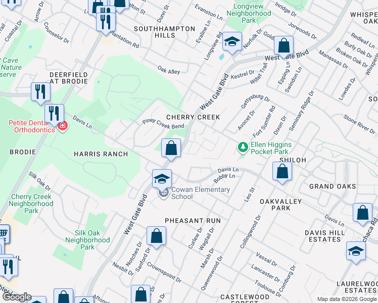 map of restaurants, bars, coffee shops, grocery stores, and more near 8711 West Gate Boulevard in Austin