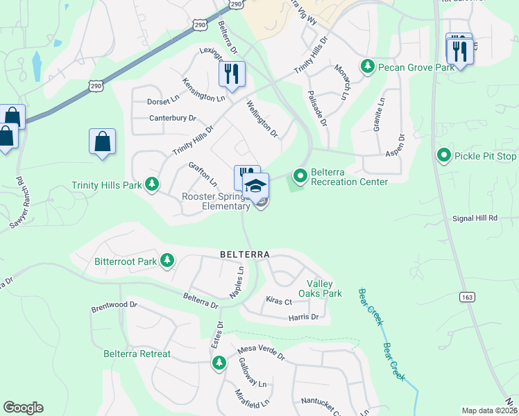 map of restaurants, bars, coffee shops, grocery stores, and more near 801 Belterra Dr in Austin