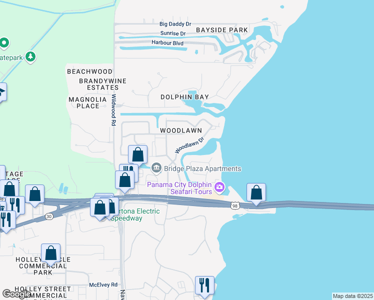 map of restaurants, bars, coffee shops, grocery stores, and more near 214 Woodlawn Drive in Panama City Beach