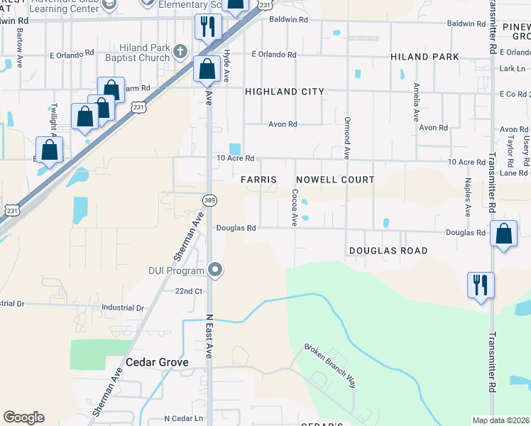 map of restaurants, bars, coffee shops, grocery stores, and more near 2420 Wakulla Avenue in Panama City