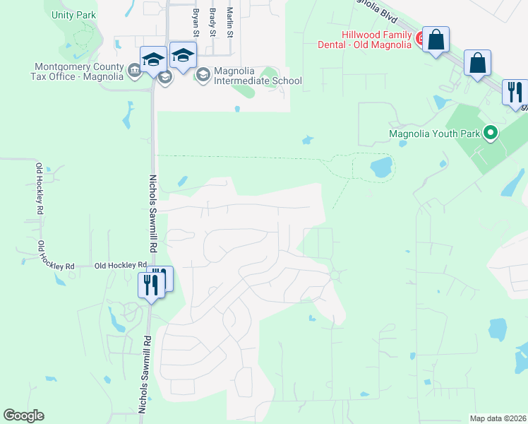 map of restaurants, bars, coffee shops, grocery stores, and more near 18611 Connie Avenue in Magnolia