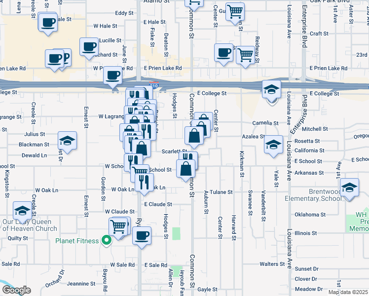 map of restaurants, bars, coffee shops, grocery stores, and more near 425-599 Scarlett St in Lake Charles