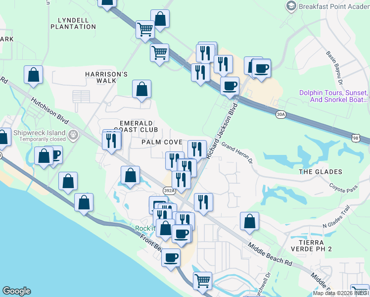 map of restaurants, bars, coffee shops, grocery stores, and more near 175 White Cap Way in Panama City Beach