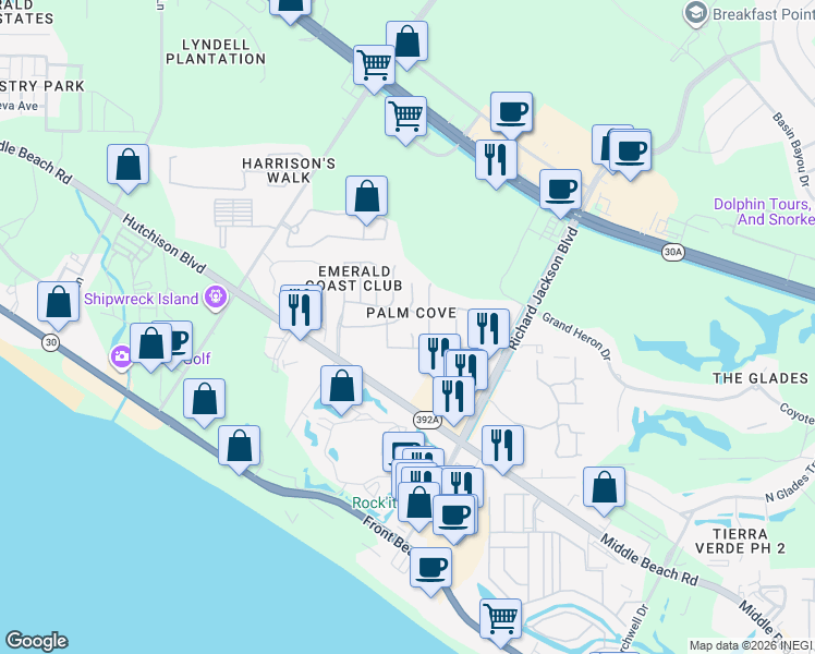 map of restaurants, bars, coffee shops, grocery stores, and more near 109 Seagrass Way in Panama City Beach