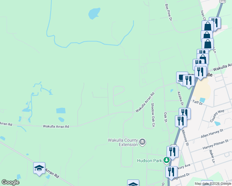 map of restaurants, bars, coffee shops, grocery stores, and more near 196 Savannah Forest Circle in Crawfordville