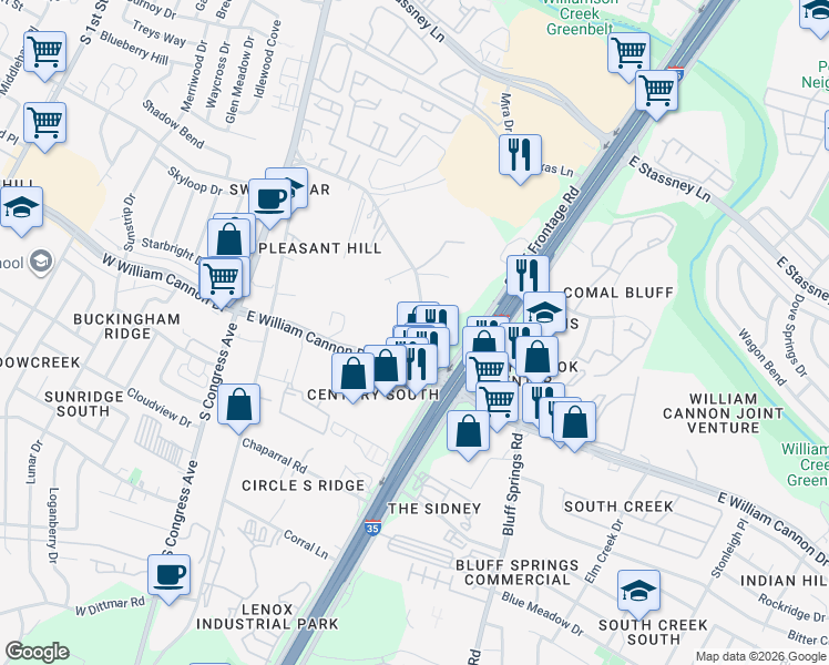 map of restaurants, bars, coffee shops, grocery stores, and more near 6412 Interstate 35 in Austin