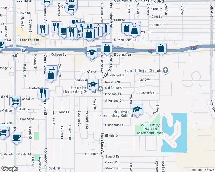 map of restaurants, bars, coffee shops, grocery stores, and more near 1138 California Street in Lake Charles