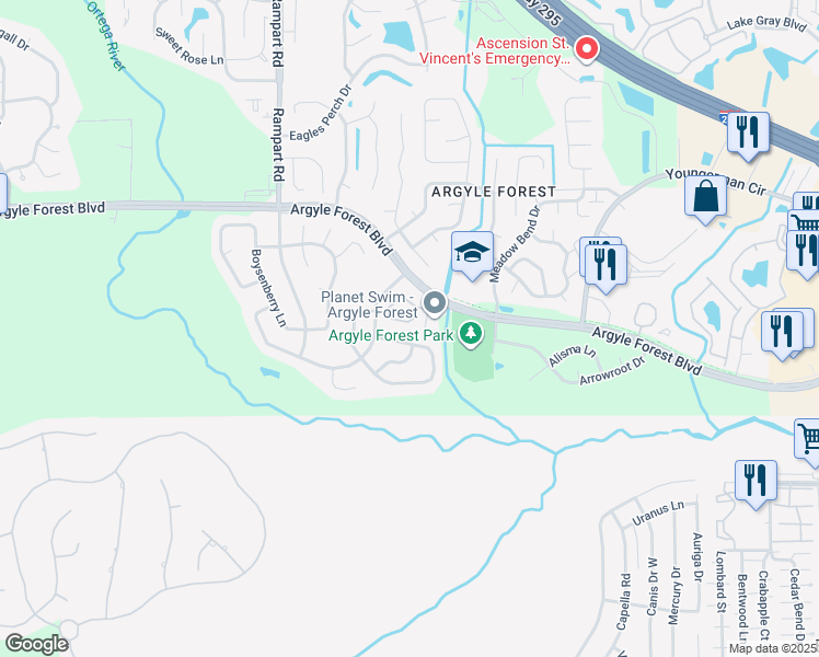 map of restaurants, bars, coffee shops, grocery stores, and more near 7031 Beechfern Lane North in Jacksonville