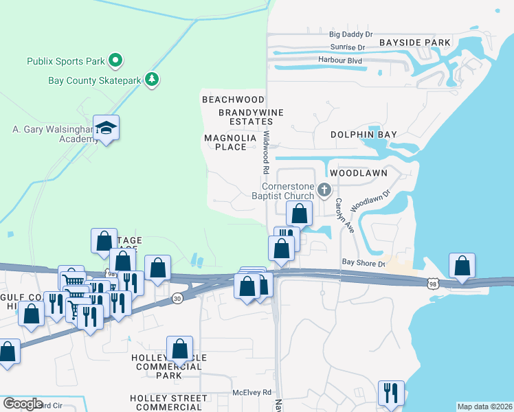 map of restaurants, bars, coffee shops, grocery stores, and more near 265 Villa Bay Drive in Panama City Beach